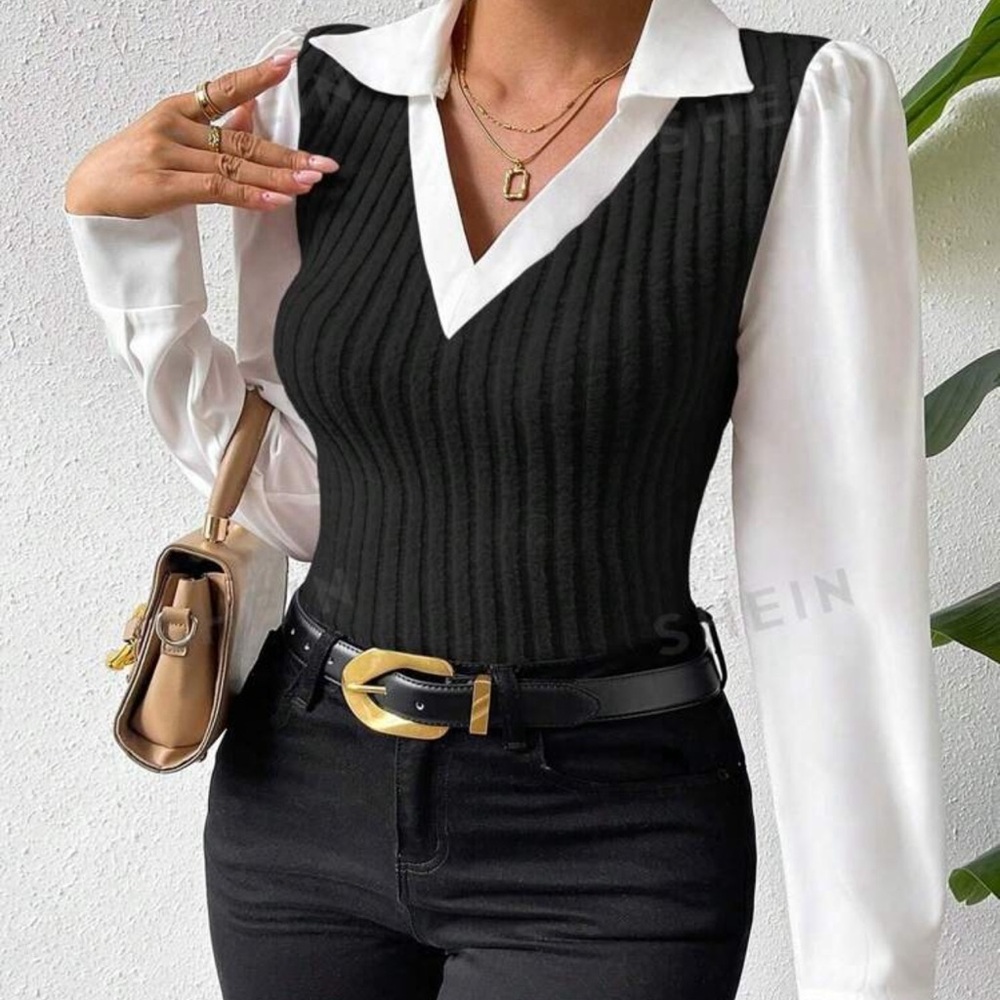 Two Tone Puff Sleeve Women’s Blouse SHEIN